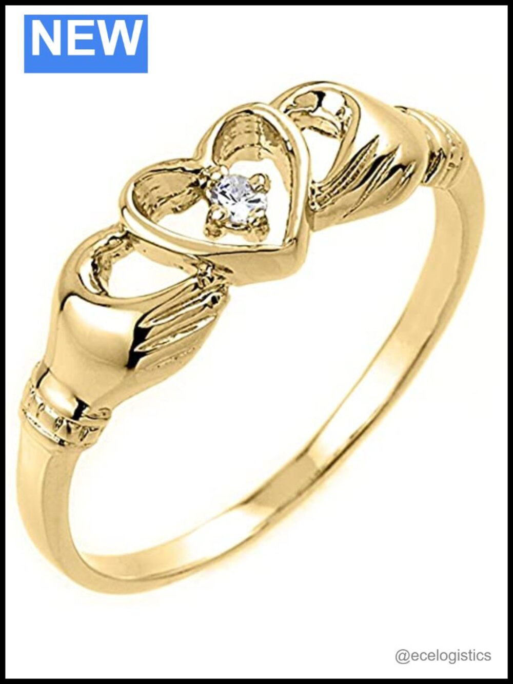 10k Yellow Gold Diamond Accent Solitaire Open Heart Claddagh Ring